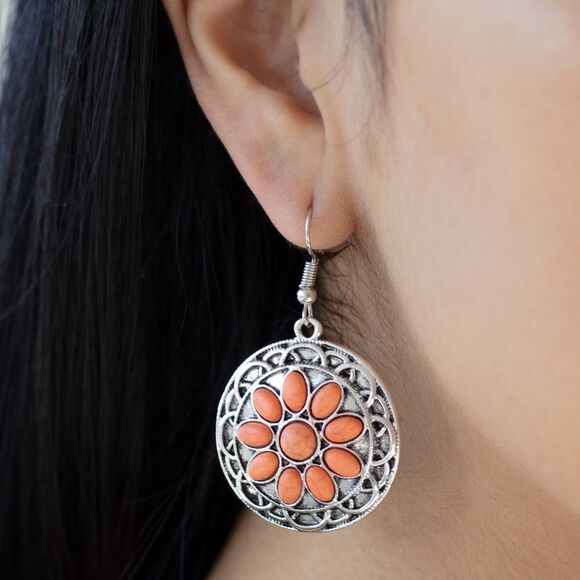 Jewelry - Silver ornate earrings with orange flower pattern stones
